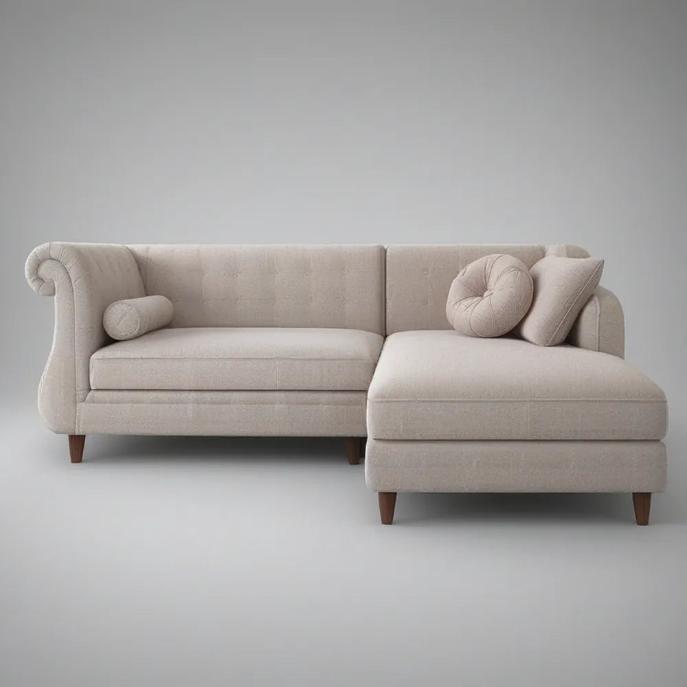Sofá Chaise Longue de 3 Lugares em Poliéster Bege e Castanho, 240 x 155 x 85 cm