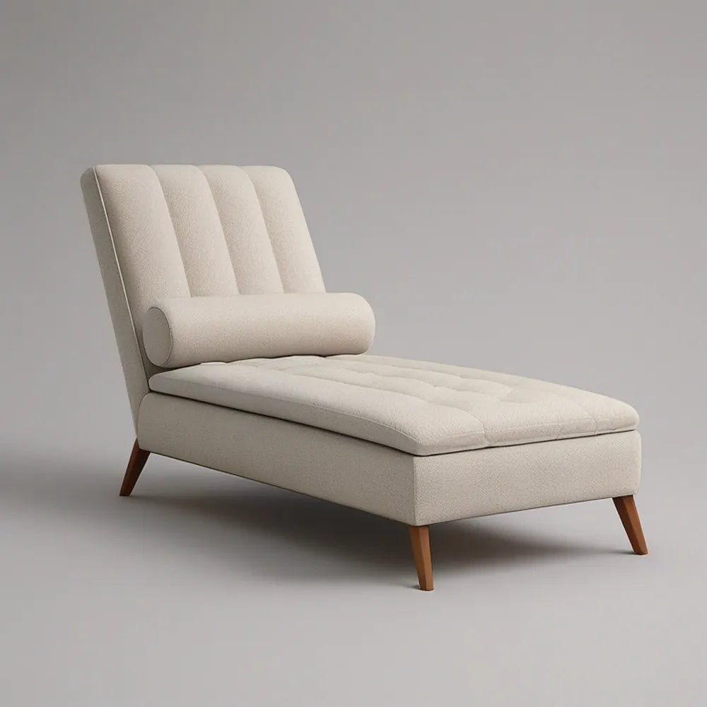 Chaise longue estofada bege com pés em madeira castanha, 160 x 75 x 82 cm
