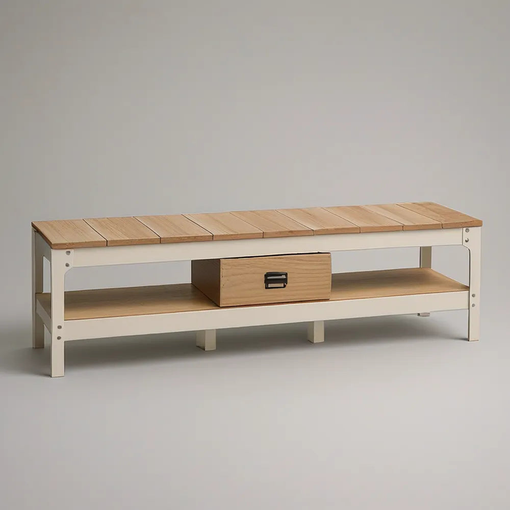 Móvel de Televisão Retangular em Aço e Bambu Branco e Natural, 160 x 40 x 50 cm