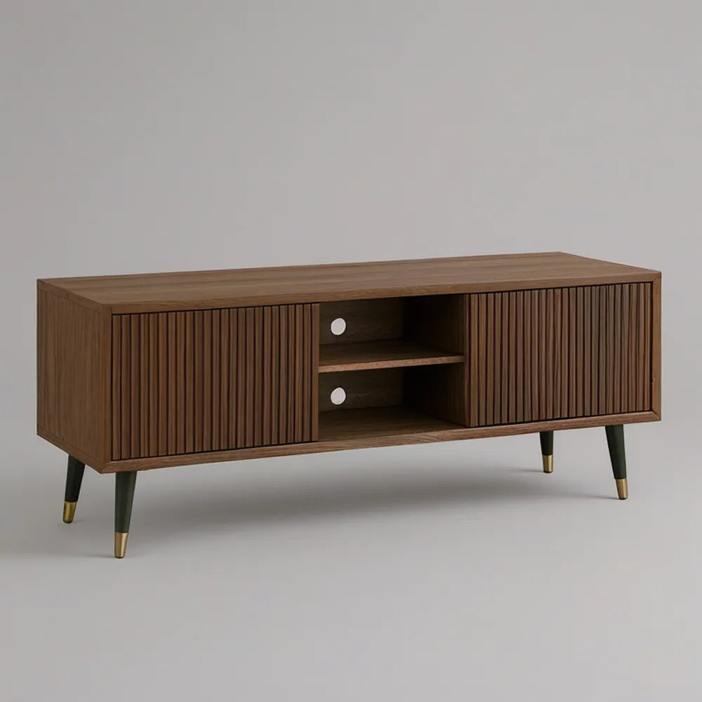 Móvel de Televisão em MDF Canelado Cor Nogueira com Pernas Pretas e Douradas 160 x 40 x 60 cm