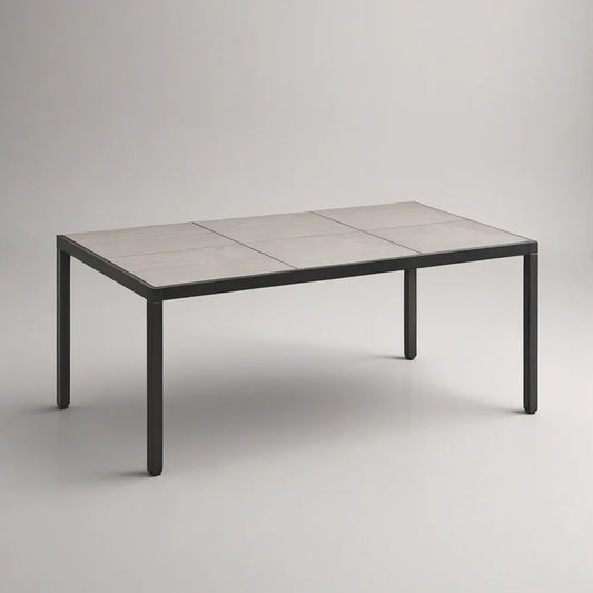 Mesa retangular de exterior 160 x 90 x 75 cm com tampo em cerâmica cinzento e estrutura em alumínio preto