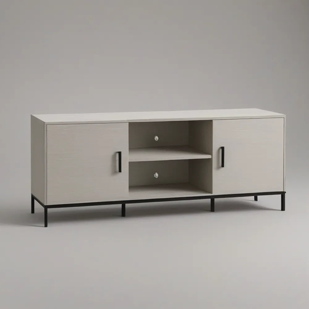 Móvel de TV em MDF Branco com Estrutura Preta, 2 Portas e 2 Nichos, 140 x 40 x 60 cm