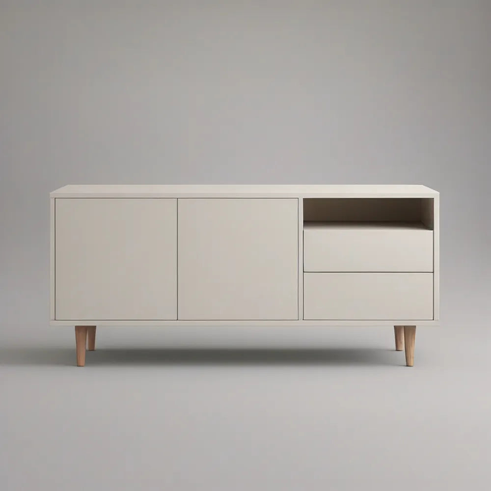 Móvel de TV em MDF Branco e Madeira Natural com 2 Portas, 2 Gavetas e Nicho Aberto, 160 x 40 x 70 cm